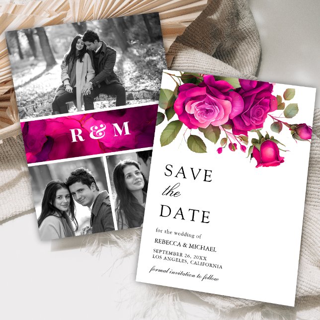 Fuchsia Hot Pink Roses Photo Collage Wedding Save The Date (Von Creator hochgeladen)