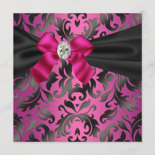 Fuchsia Hot Pink Schwarze Damast-Party-Einladung Einladung