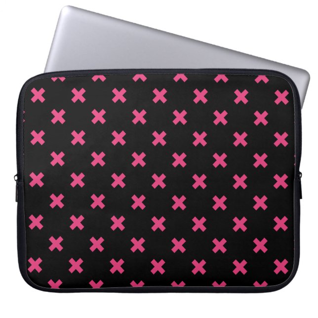 Fuchsia Kreuzstiche auf schwarz Laptopschutzhülle (Vorderseite)