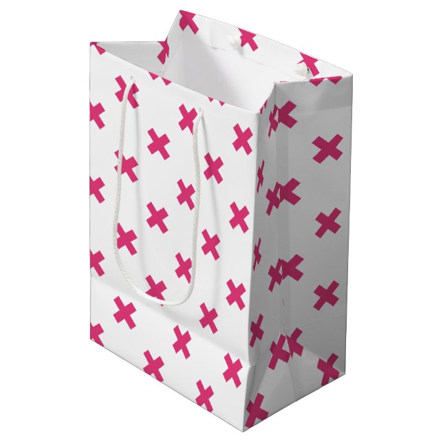 Fuchsia-Kreuzstiche auf weiß Mittlere Geschenktüte (Vorderseite Schrägansicht)