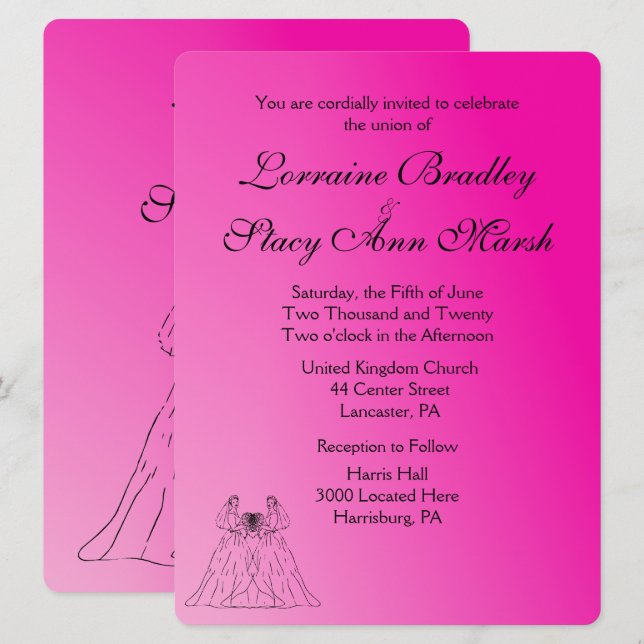 Fuchsia Lesbian Hochzeitseinladung Einladung (Vorne/Hinten)