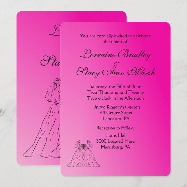 Fuchsia Lesbian Hochzeitseinladung Einladung (Vorne/Hinten)