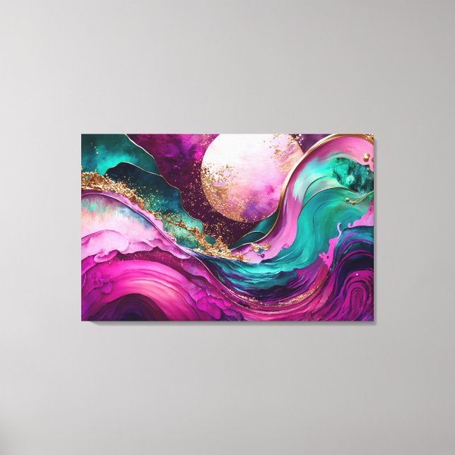 Fuchsia, Lila, Aquamarin & Goldmarmor Abstrakte Ku Leinwanddruck (Vorderseite)