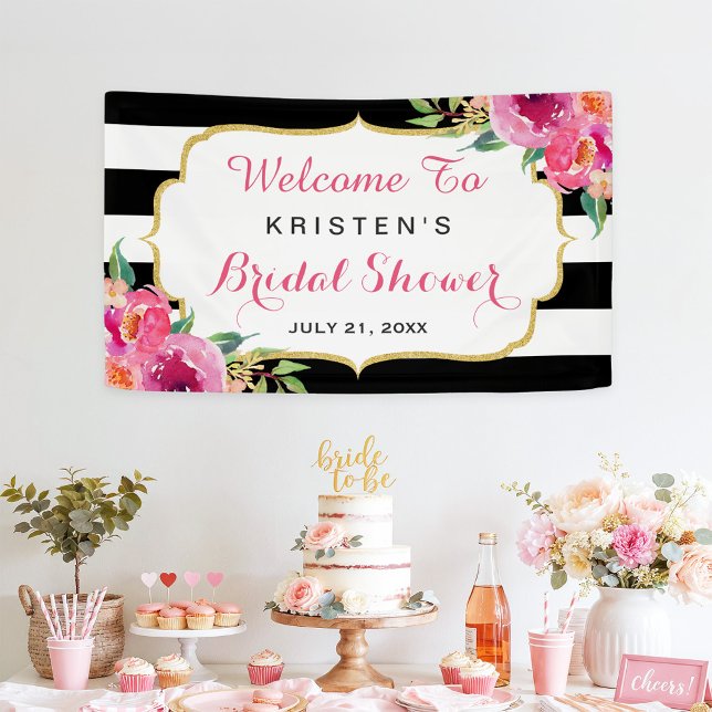 Fuchsia Lila Red Floral Stripes Brautparty Banner (Von Creator hochgeladen)