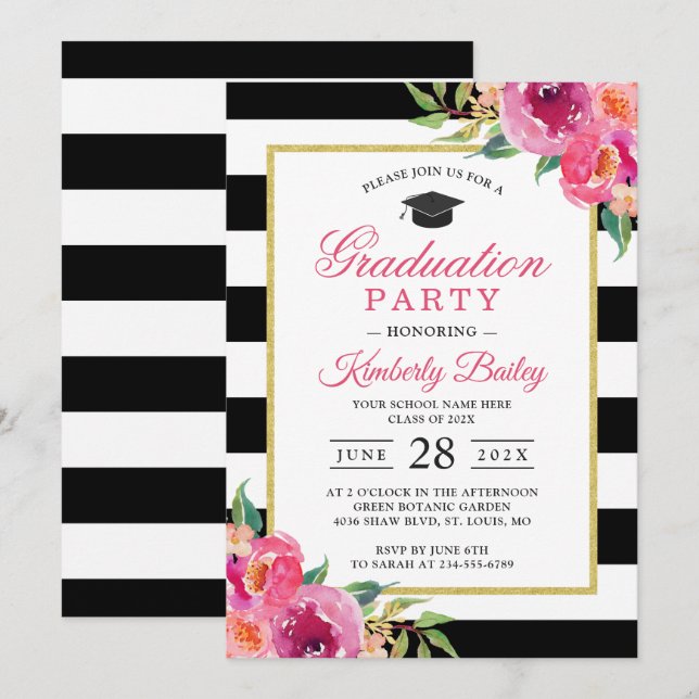 Fuchsia Lila Red Floral Stripes Graduation Party Einladung (Vorne/Hinten)