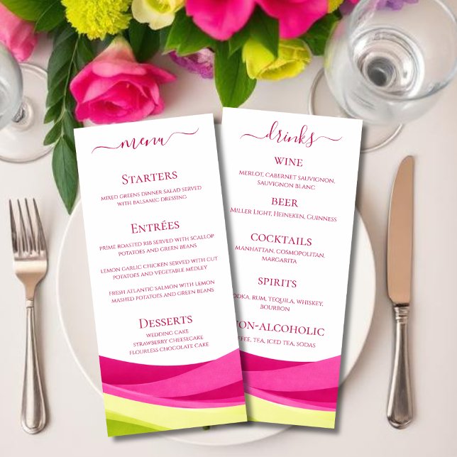 Fuchsia & Lime Green Wedding Dinner and Bar Menu  (Fuchsia and Lime Green Wedding Dinner and Bar Menu )