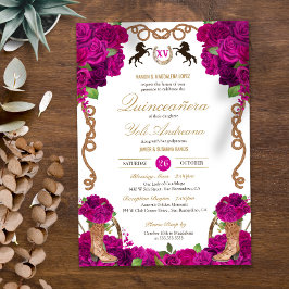 Fuchsia Magenta Rose Western Charro Quinceanera Einladung