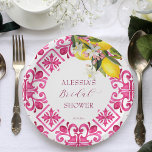 Fuchsia Majolica magenta tiles Brautparty Pappteller<br><div class="desc">Fuchsia Majolica magenta Fliesen mit einem Haufen Zitronen Brautparty Geschirr personalisiert Party Teller.</div>