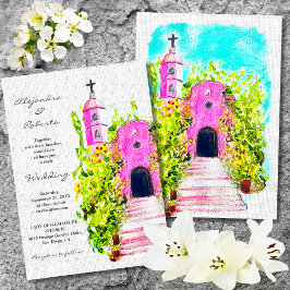 Fuchsia Mexikanische Kapelle mit Blumenwein Hochze Einladung