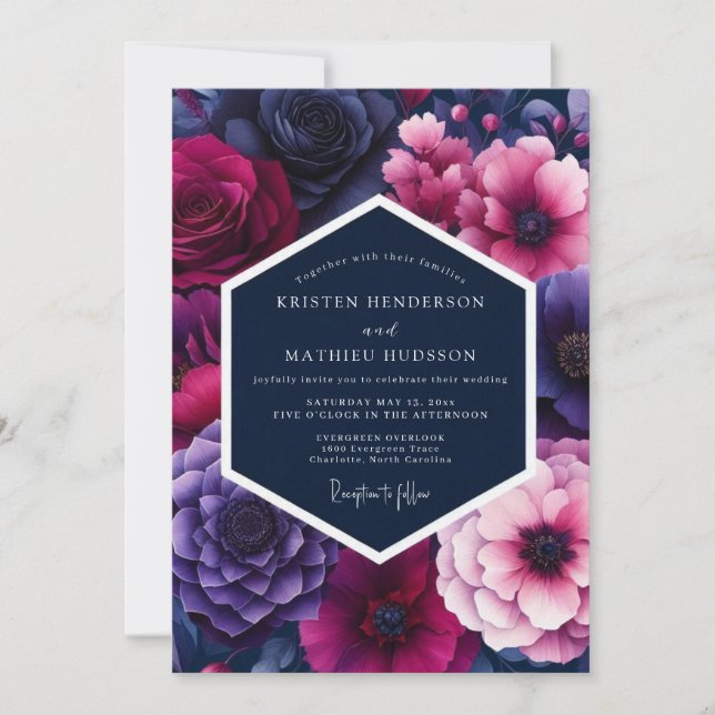 Fuchsia Midnight Bloom Hochzeit Einladung (Vorderseite)