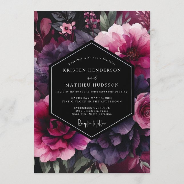 Fuchsia Moody Flora Hochzeit Einladung (Vorderseite)