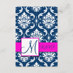 Fuchsia Navy Blue Damask Monogram RSVP Card Karte