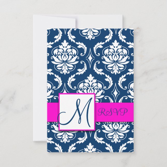 Fuchsia Navy Blue Damask Monogram RSVP Card Karte (Vorderseite)