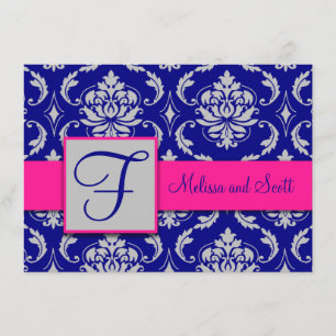 Fuchsia Navy Blue Silver Damask Save the Date 1B Einladung