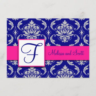 Fuchsia Navy Blue Silver Damask Save the Date 4A Einladung