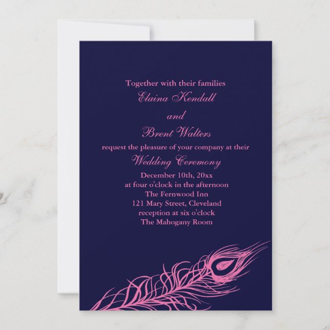 Fuchsia & Navy Federn Einladung Hochzeit (Vorderseite)