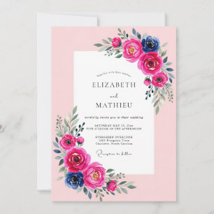 Fuchsia Navy Leuchtende Frühlingshochzeit Einladung