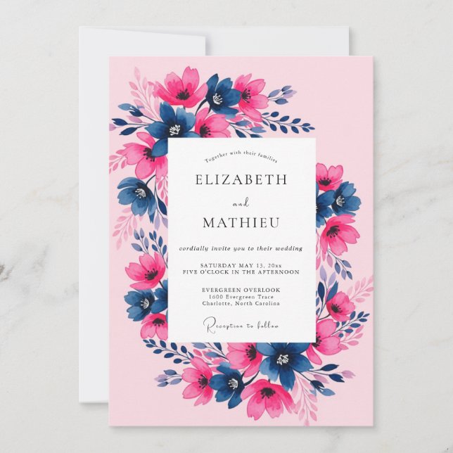 Fuchsia Navy Painterly Spring Wedding Einladung (Vorderseite)