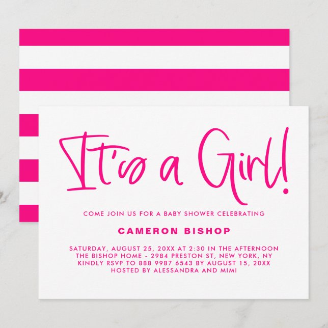 Fuchsia Niedliche Kalligrafie Es ist eine Girl Bab Einladung (Vorne/Hinten)