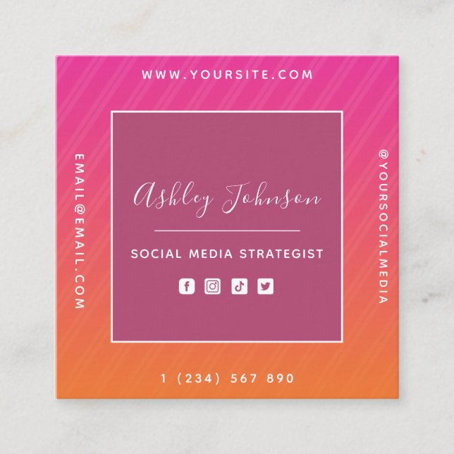 Fuchsia & Orange Ombre Social Media QR Code Modern Quadratische Visitenkarte (Vorderseite)