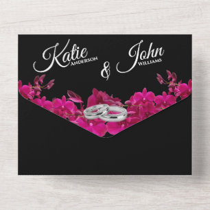 Fuchsia Orchideen auf Schwarz-Foto-Hochzeit - alle All In One Einladung