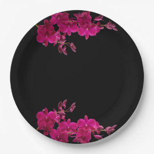 Fuchsia Orchids auf Black-Wedding-Tellern Pappteller