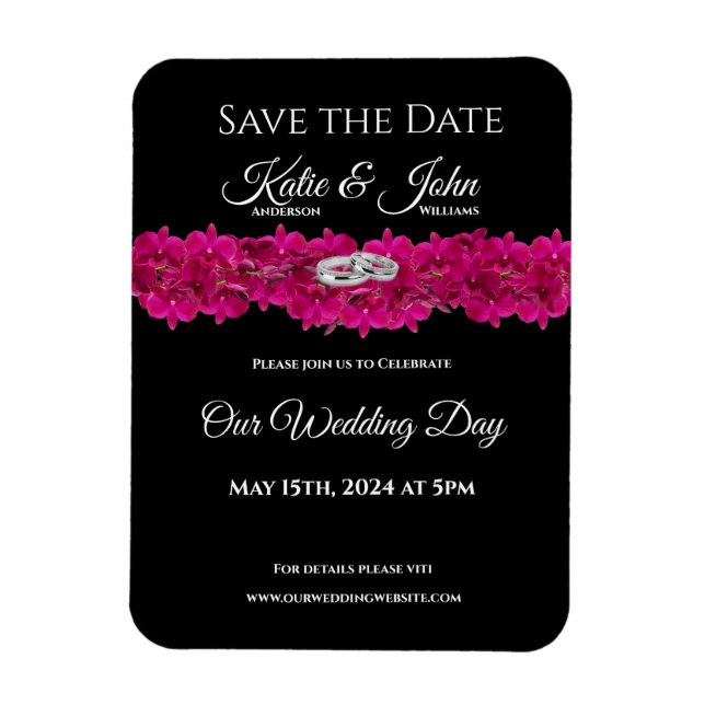 Fuchsia Orchids on Black- Wedding Save the Date- Magnet (Vertikal)