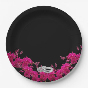Fuchsia Orchids on Black-Wedding Tellers-Rings- Pappteller