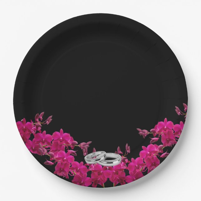 Fuchsia Orchids on Black-Wedding Tellers-Rings- Pappteller (Vorderseite)