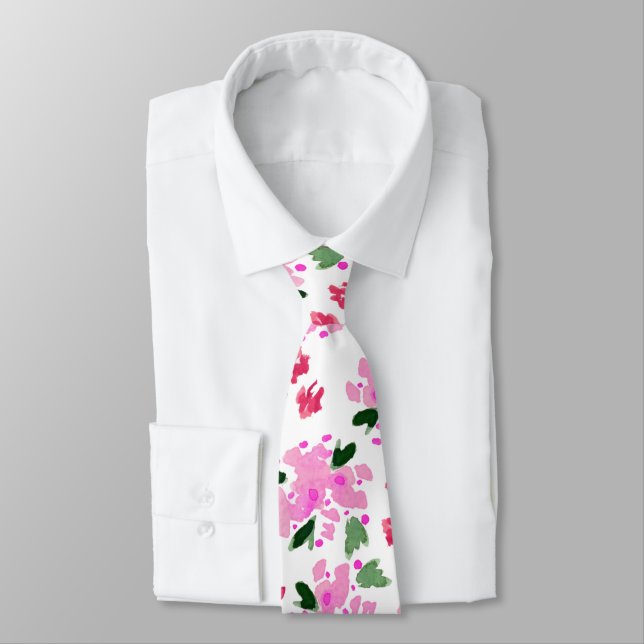 Fuchsia Pink Aquarell Blumengarten Neck Tie Krawatte (Gebunden)