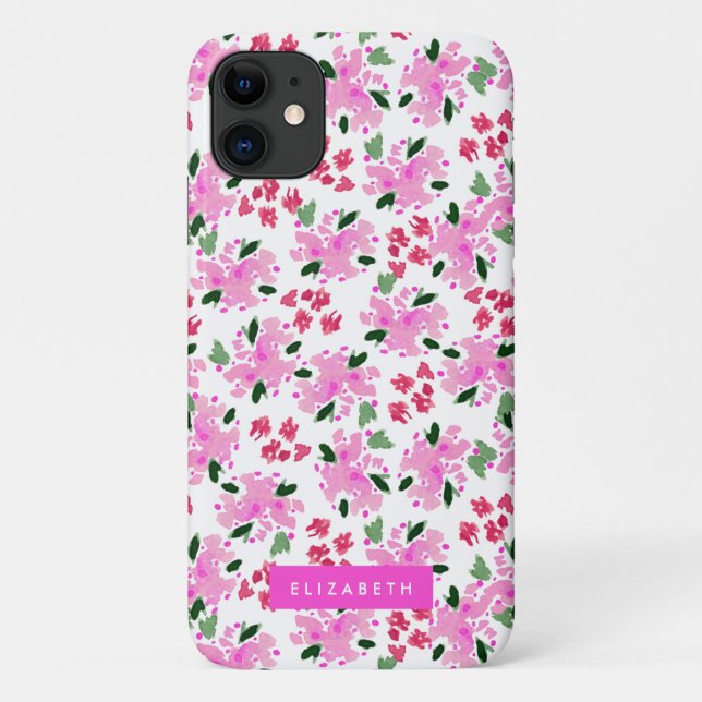 Fuchsia Pink Aquarell Blumengarten Personalisiert Case-Mate iPhone Hülle (Rückseite)