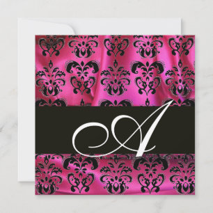 FUCHSIA PINK BLACK DAMASK CLOTH MONOGRAMM, weiß Einladung