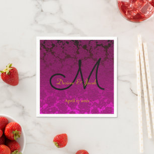 Fuchsia Pink Black Gold Elegante Wedding Monogram Serviette