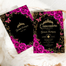 Fuchsia Pink Black Gold Quinceanera