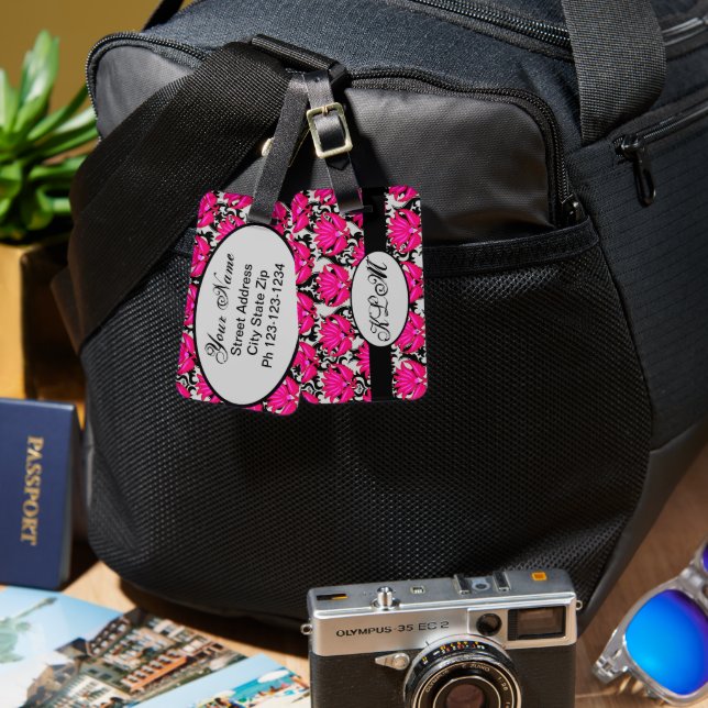 Fuchsia Pink Black Gray Damask Monogramm Gepäckanhänger (Vorderseite & Rückseite)