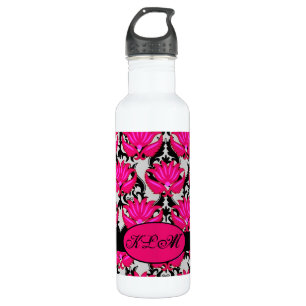 Fuchsia Pink Black Gray Damask Monogramm Trinkflasche
