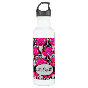 Fuchsia Pink Black Gray Damask Monogramm Trinkflasche