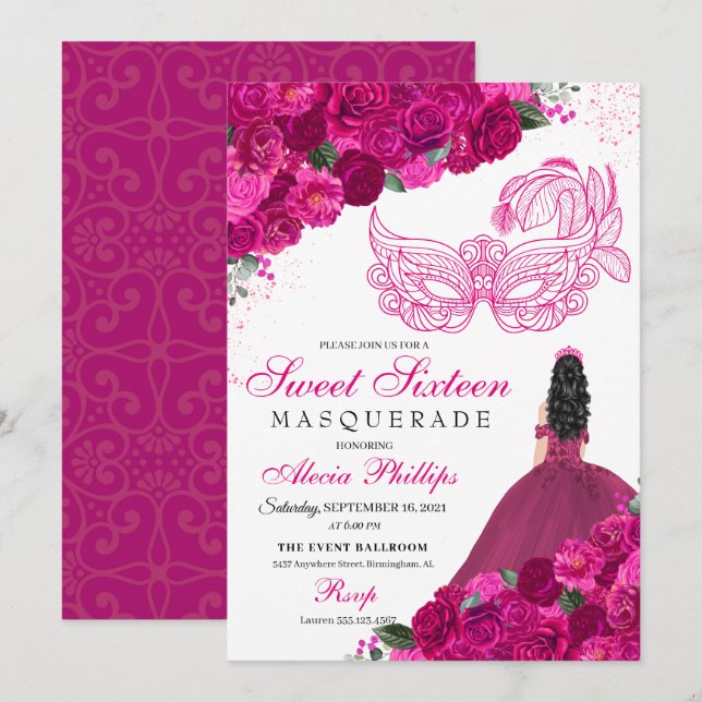 Fuchsia Pink Blumenmasquerade Sweet 16 Einladung (Vorne/Hinten)