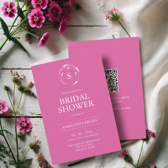 Fuchsia Pink Bridal Shower Invitation with QR Code Einladung (Bridal shower invitations vibrant pink custom monogram. )