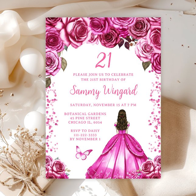 Fuchsia Pink Brown Hair Princess Birthday Party Einladung (Von Creator hochgeladen)