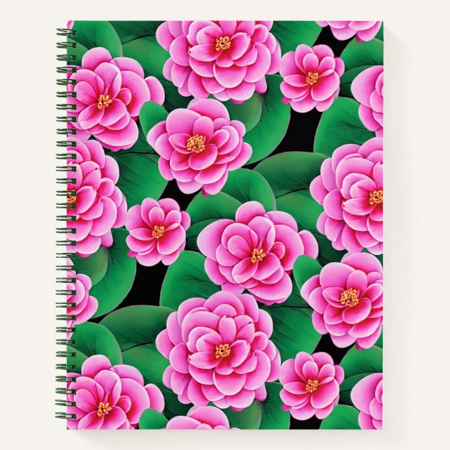 Fuchsia Pink Camellias und Green Blätter Journal Notizbuch (Vorderseite)