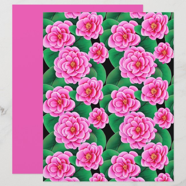 Fuchsia Pink Camellias und Jade Green Blätter (Vorne/Hinten)