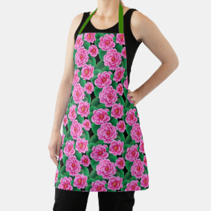 Fuchsia Pink Camellias und Jade Green Blätter Schürze