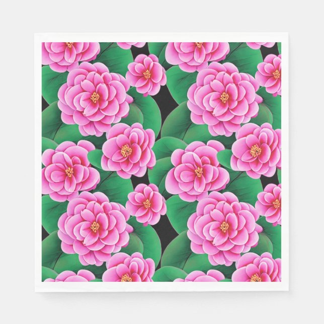 Fuchsia Pink Camellias und Jade Green Blätter Serviette (Vorderseite)