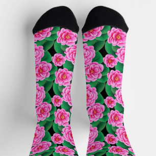 Fuchsia Pink Camellias und Jade Green Blätter Socken