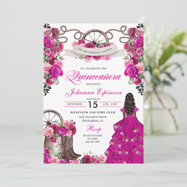 Fuchsia Pink Cowgirl Western Charro Quinceanera Einladung (Stehend Vorderseite)