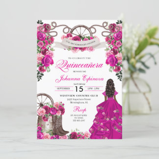 Fuchsia Pink Cowgirl Western Charro Quinceanera Einladung