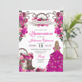 Fuchsia Pink Cowgirl Western Charro Quinceanera Einladung