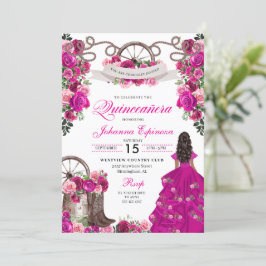 Fuchsia Pink Cowgirl Western Charro Quinceanera Einladung