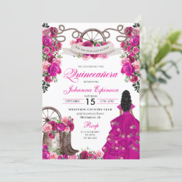 Fuchsia Pink Cowgirl Western Charro Quinceanera Einladung